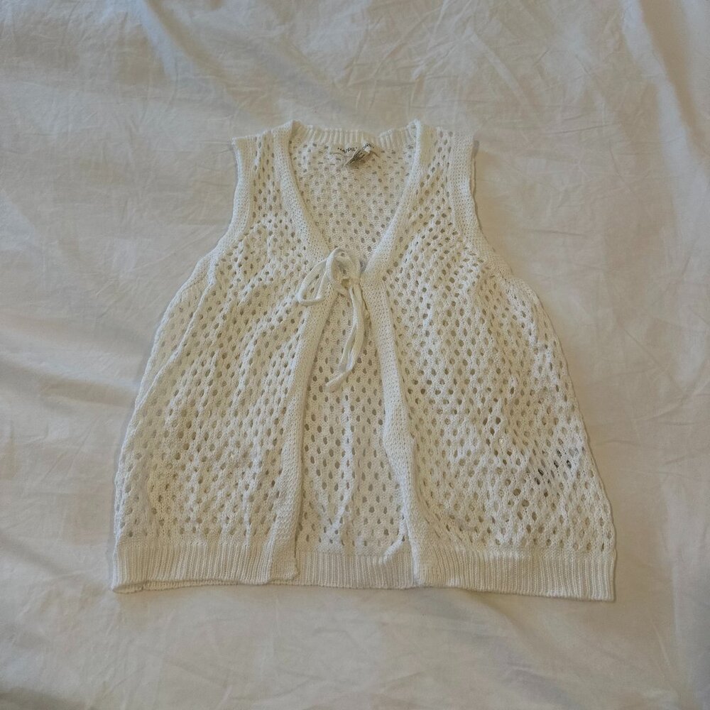 Happily Grey Med white crochet coastal top bow tie front vest beach cover up
